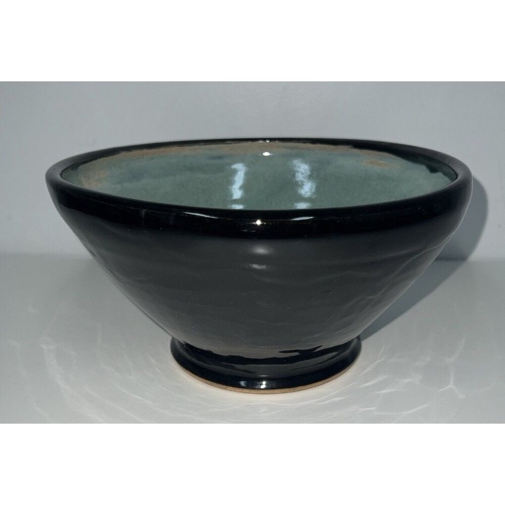Asian Japanese Rice Bowl Pottery Ramen Noodle Soup Black Blue 8.75" X 5" Glazed